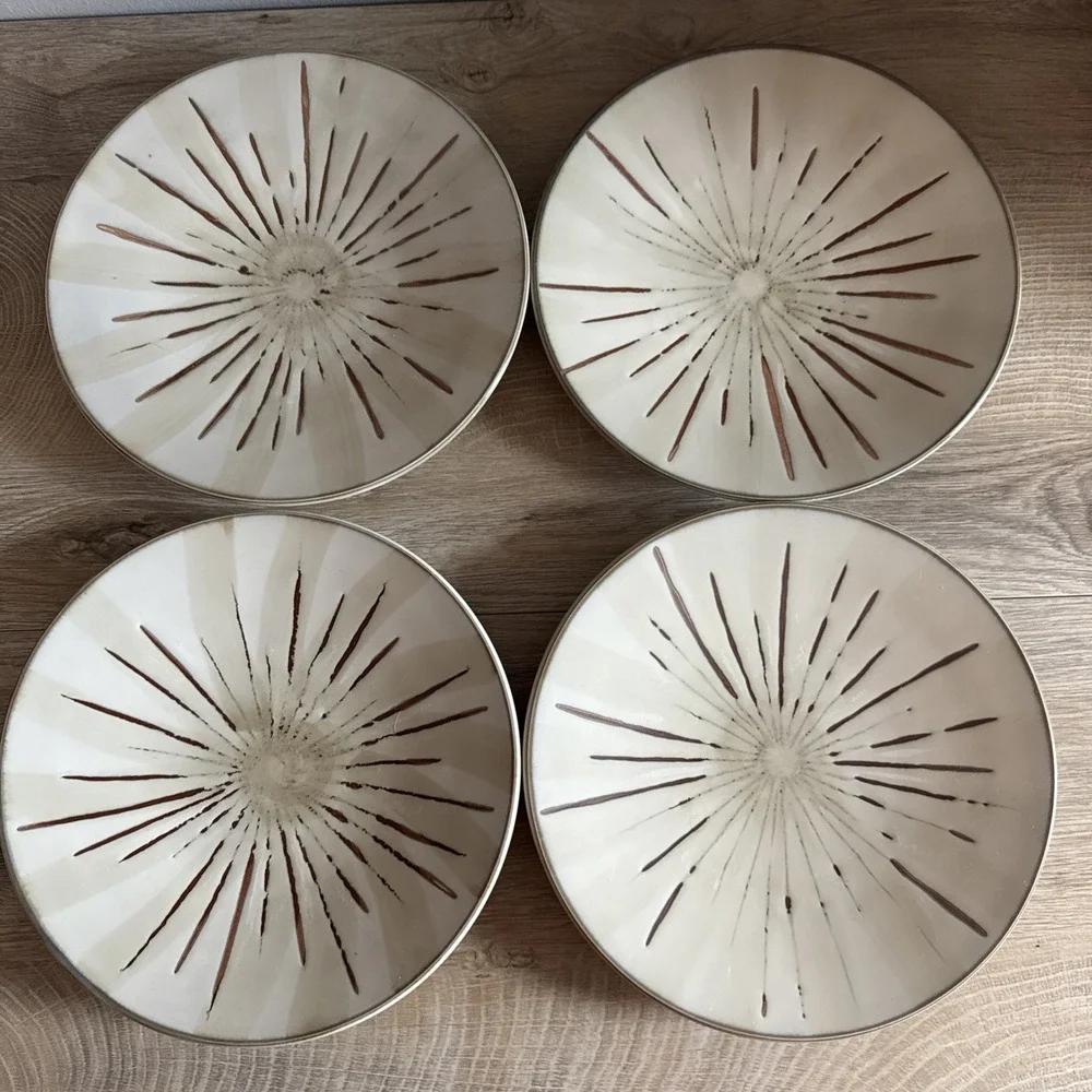 Pier 1‎ Plates Sanctuary Stoneware Beige Brown Starburst Salad Dessert Lot Of 4